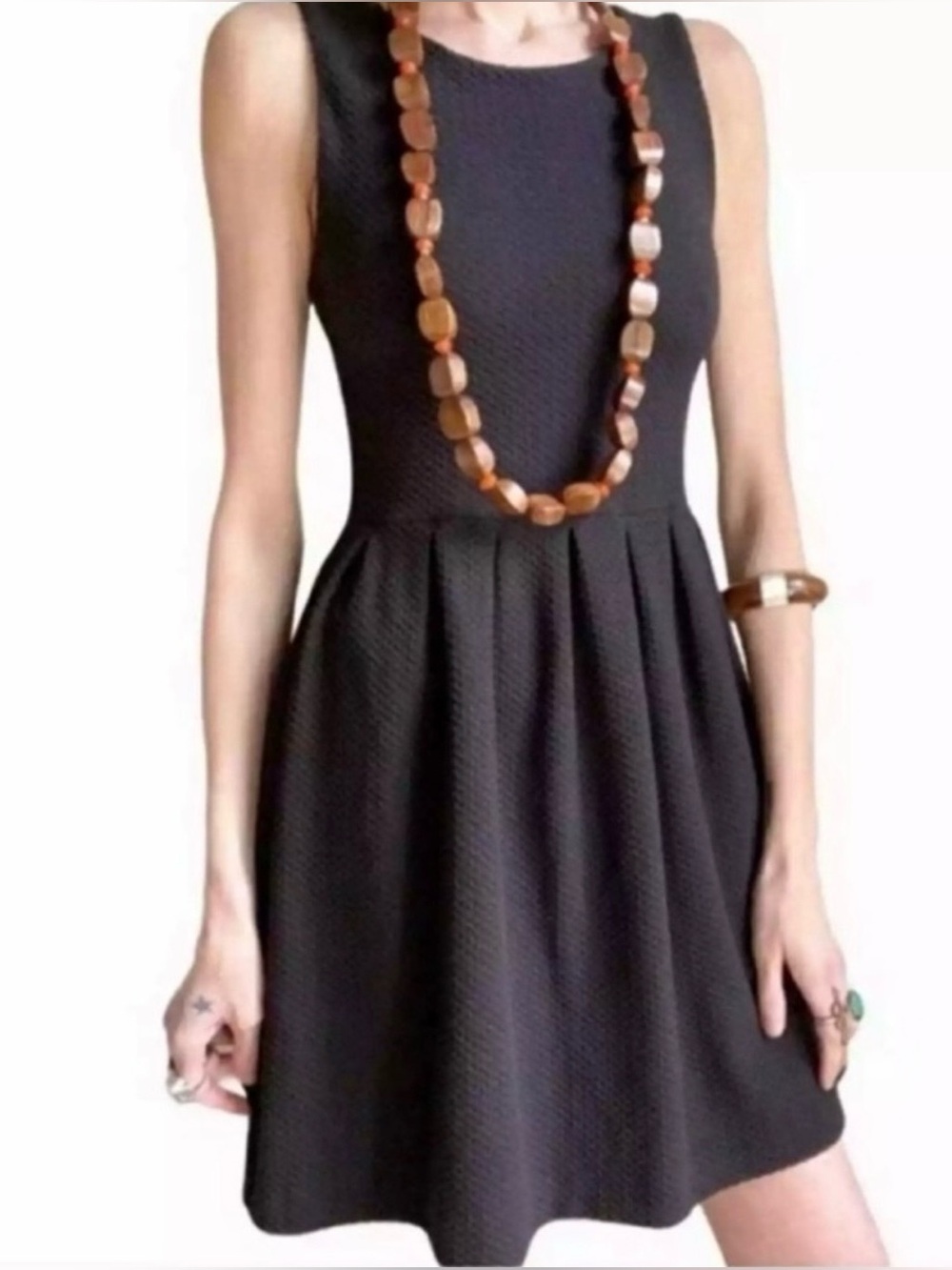 Anthropologie Ganni Noon and Night Black Textured Fit and Flare Dress,Small, LBD